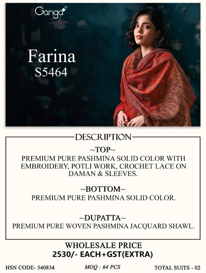 Farina 5464 By Ganga Pure Pashmina Salwar Kameez